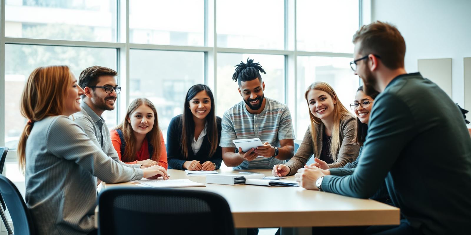 Learners working together in a bright college space